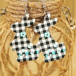 Black & White Plaid Blue Flowers Bunny Earrings